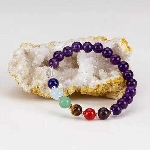 Miniatura 2 de Cherry Tree Collection Pulsera elástica de chakras, cuentas de piedras preciosas naturales genuinas de 0.31 pulgadas, espaciadores de plata de ley