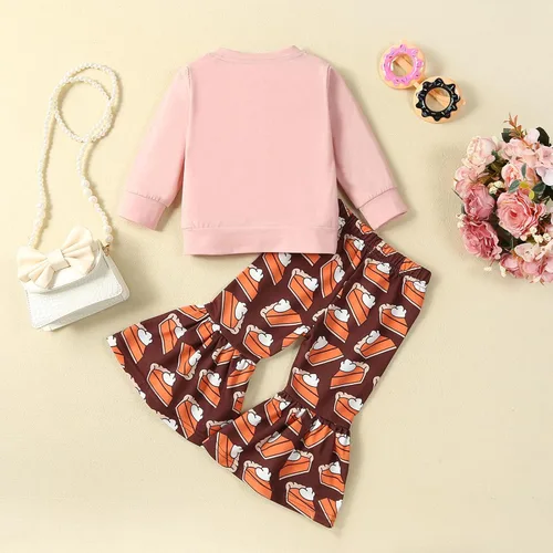Miniatura 118 de Conjunto de sudadera con cuello redondo y estampado de pastel de calabaza para niña, camiseta y pantalones acampanados