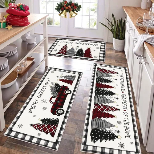 Miniatura 16 de Juego de 3 tapetes de cocina de Feliz Navidad, alfombras antideslizantes de cocina para invierno y fiestas navideñas Xmas, alfombra cómoda