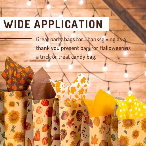 Miniatura 7 de Whaline 48 bolsas planas de otoño para golosinas, papel kraft, calabazas, hojas de arce, girasoles, nueces, bolsa de regalo para regalos de fiesta
