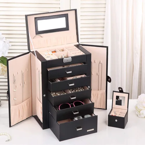 Miniatura 3 de Homde Joyero 2 en 1 enorme organizador estuche de piel sintética con estuche de viaje pequeño regalo para niñas o mujeres negro