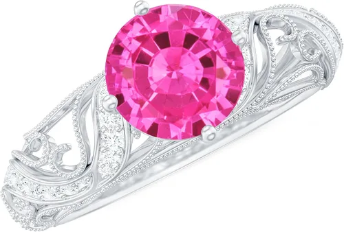 Anillo de compromiso redondo de zafiro rosa cultivado en laboratorio certificado con diamante | Calidad AAAA | Anillo de estilo vintage para mujer