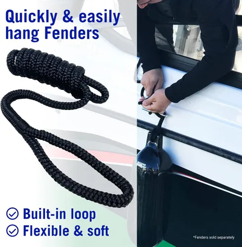 Miniatura 2 de Líneas para defensas de barco, cuerda de nailon trenzado doble de 3/8 pulgadas, 6 pies con bucle, paquete de 2, negro, para boya, amarre de moto