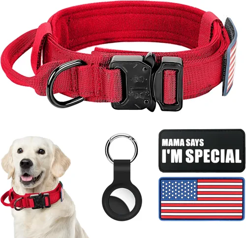 Miniatura 21 de Collar táctico militar para perro, nailon ajustable, hebilla de metal resistente con asa para entrenamiento, parches (verde, XL)
