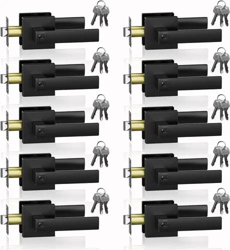 Miniatura 20 de Manija de puerta negra mate resistente, manija de puerta de entrada con llave igual, pomos de puerta con cerradura y llave, manija de puerta Negro