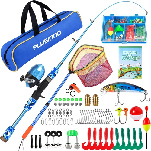 Miniatura 13 de PLUSINNO Caña de pescar para niños con carrete Spincast telescópica caña de pescar Combo kits completos para niños, niñas y adultos Rosa