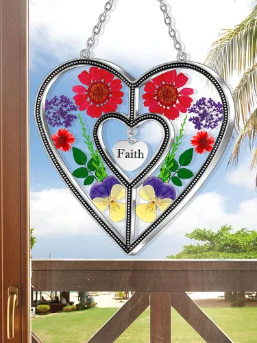 Miniatura 7 de Ky&Bosam - Atrapaluz de cristal, ventana en forma de corazón, con flor prensada, diseño de corazón/ "Mom", regalo para el Día de la Madre, Navidad