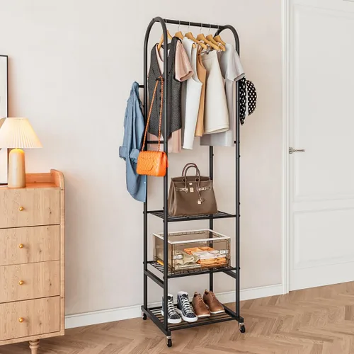 Miniatura 6 de SUOERNUO Perchero con ruedas y estantes de metal de 3 niveles, perchero para colgar ropa con 4 ganchos, organizador de armario para espacios