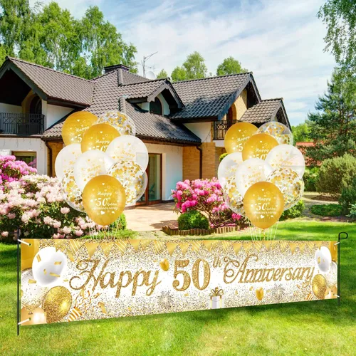 Miniatura 3 de Decoraciones de aniversario de boda de 50 años, pancarta de feliz 50 aniversario de oro blanco y 18 globos dorados de aniversario de boda 50