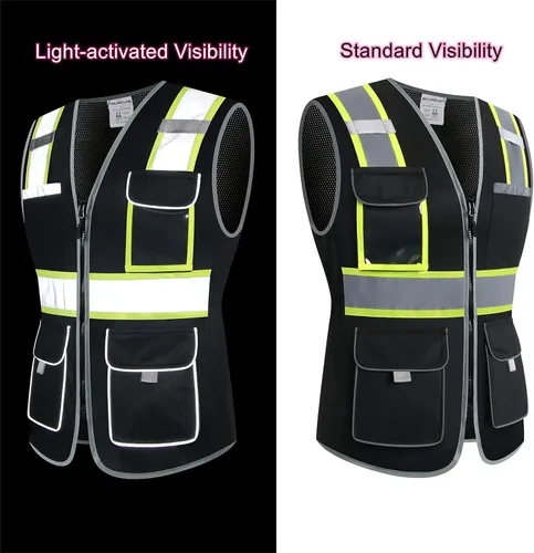 Miniatura 3 de Chaleco de seguridad para mujeres, chaleco de trabajo reflectante de alta visibilidad con 9 bolsillos múltiples y cremallera Negro