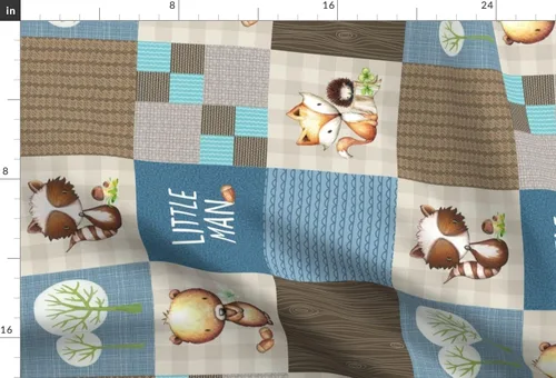 Miniatura 3 de Spoonflower Tela - Edredón de retazos de hombre pequeño del bosque con diseño de oso mapache y zorro crema azul y marrón impreso en tela de gasa