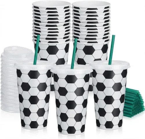 Miniatura 7 de Paquete de 24 copas de fútbol con tapas y pajitas, vasos de plástico reutilizables grandes de 24 onzas para regalos de fiesta de cumpleaños, regalos