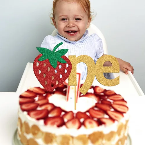 Miniatura 5 de Decoración de pastel de cumpleaños de fresa para el primer cumpleaños, decoración de pastel de cumpleaños con temática de frutas de un año