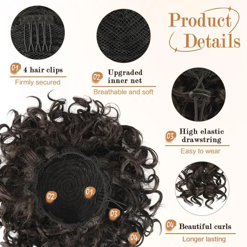 Miniatura 3 de PEACOCO Extension de Moño Despeinado Corto y Rizado con Cordones Elásticos, Piezas de Cabello Sueltas para Mujeres con Cabello Fino, Fibra Sintética