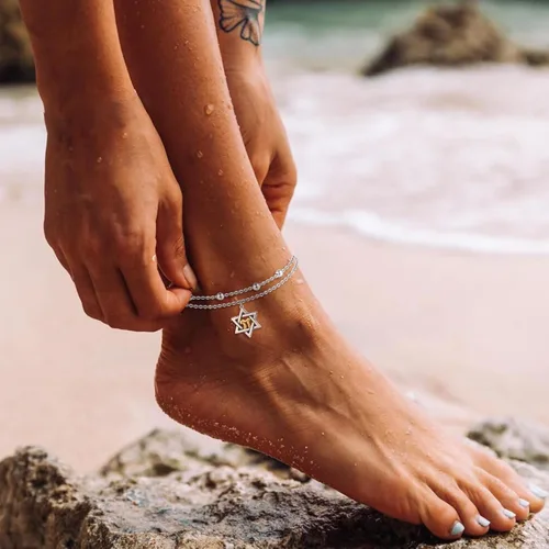 Miniatura 2 de CHIC & ARTSY Tobilleras delicadas de plata de ley S925 para verano, pulsera de tobillo ajustable multicapa para playa, joyería de pie para mujer