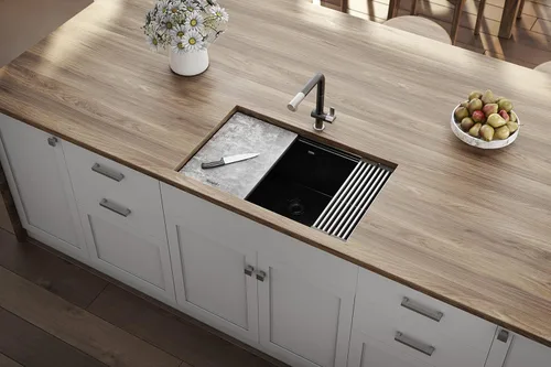 Miniatura 6 de Ruvati Fregadero de cocina de cuarzo compuesto de granito de 30 pulgadas con estación de trabajo, montaje por debajo y acabado negro mate - RVG2310BK