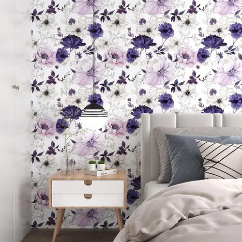 Miniatura 6 de Papel tapiz floral de acuarela para despegar y pegar, papel de contacto de flores morado/blanco/rosa, papel de pared botánico, autoadhesivo