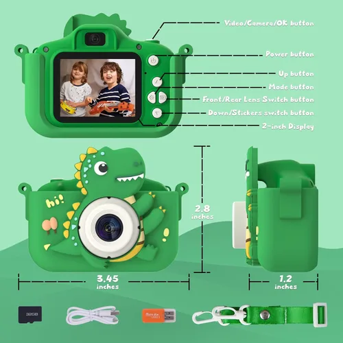Miniatura 7 de Cámara de dinosaurio para niños, cámara HD selfie para niños pequeños, juguetes de cumpleaños de Navidad para niños y niñas de 3 a 12 años, cámara