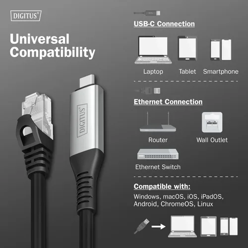 Miniatura 3 de DIGITUS USB to Ethernet Cable - Type-C to RJ45 - USB-C 3.2 Gen1 - 1Gbps - 2m - LSZH - CAT 6A S/FTP - AWG 26 - Plug & Play - Black