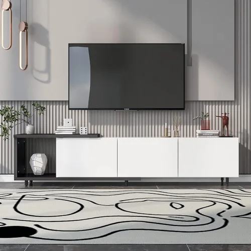 Miniatura 28 de Soporte de TV versátil de alto brillo con luces LED que cambian de color y 2 estantes de vidrio templado, centro de entretenimiento para televisores