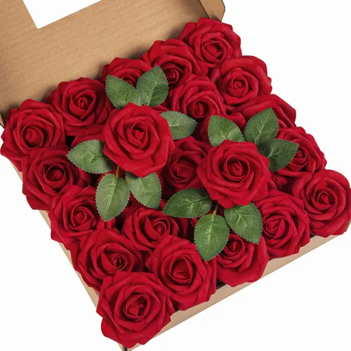 DuHouse 25 rosas artificiales con tallos, flores de espuma de tacto real para bricolaje, ramo de boda, fiesta, centro de mesa, arreglo floral, Rojo
