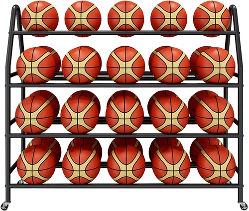 Almacenamiento de pelotas de garaje, color negro, blanco y dorado, organizador de cuatro capas, carrito de bolas de acero para interiores y