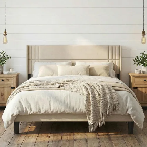 Miniatura 17 de Gizoon Base de cama matrimonial con cabecera de ala, plataforma tapizada con cabecera geométrica moderna, listones de madera, sin ruido, no necesita