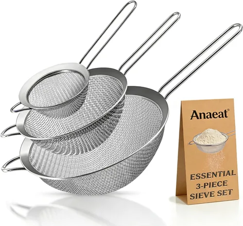 Anaeat Coladores de malla fina – Colador de acero inoxidable de alta calidad, con malla duradera y mango resistente, excelente para tamizar