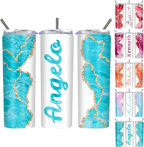 Miniatura 14 de Vasos delgados personalizados con tapas y pajitas de 20 onzas, diseño de mármol personalizado, vasos de acero inoxidable delgados con nombre