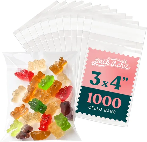 Bolsas de celofán autosellantes de 3 x 4 pulgadas (paquete de 1000) – Bolsas transparentes para galletas con sello para embalaje de productos