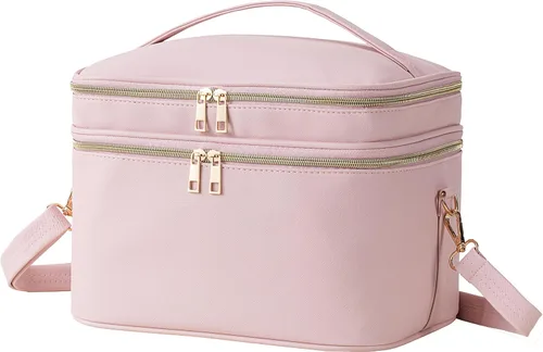 Miniatura 8 de HBlife Bolsa de maquillaje de viaje de doble capa, portátil, bonita bolsa de cosméticos de cuero, bolsa grande de maquillaje, organizador de Beige