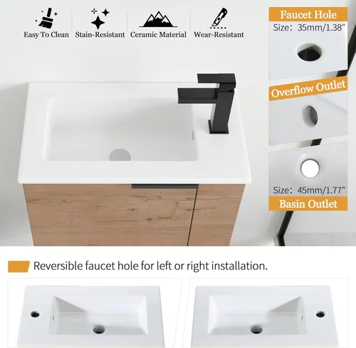 Miniatura 3 de Malwee Tocador de baño flotante de 22 pulgadas con lavabo, Tocador de baño de lavabo individual de 22 pulgadas montado en la pared, con 1 puerta