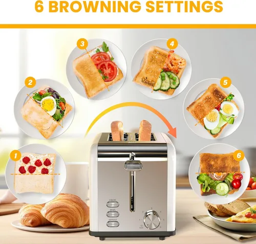 Miniatura 6 de Simple Deluxe Tostadora de 2 rebanadas de acero inoxidable, 6 ajustes de tostado y tostadora de 3 funciones, ranura extra ancha, para pan y gofre
