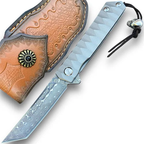 Miniatura 8 de Cuchillo plegable de bolsillo de Damasco, mango de titanio sólido Tc4, hoja Tanto de acero Damasco VG10 multicapa de 67 capas (Saint DXT)