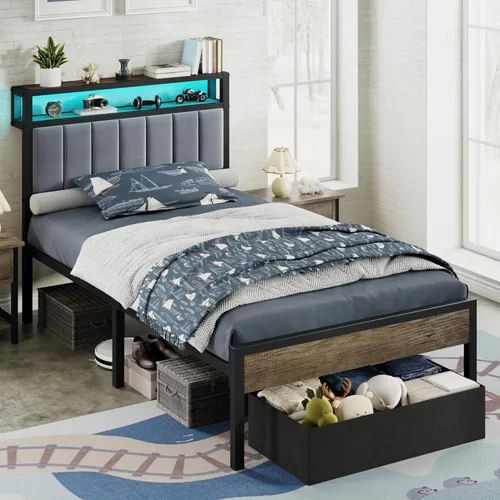 Miniatura 13 de AMERLIFE Base de cama individual con luz LED y 2 cajones de almacenamiento, plataforma de metal con cabecera de almacenamiento, tapizada