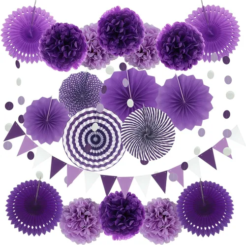 Miniatura 13 de Zerodeco - Decoración de fiesta, 21 piezas de abanicos de papel, pompones flores, tiras de cuerdas de lunares y banderines triangulares