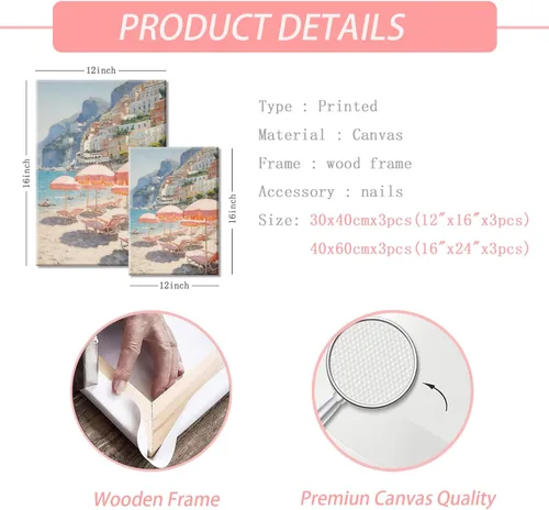 Miniatura 5 de HNNXAR Amalfi Coast - Lienzo decorativo para pared, pintura italiana de playa, pintura artística italiana, fruta, champán, juego de 3, decoración