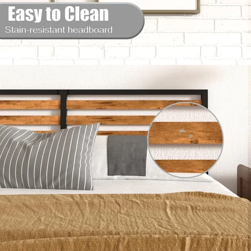 Miniatura 3 de Marco de cama individual combinado de madera y metal con cabecero, plataforma estable con soporte de listones de acero, cama doble, no necesita