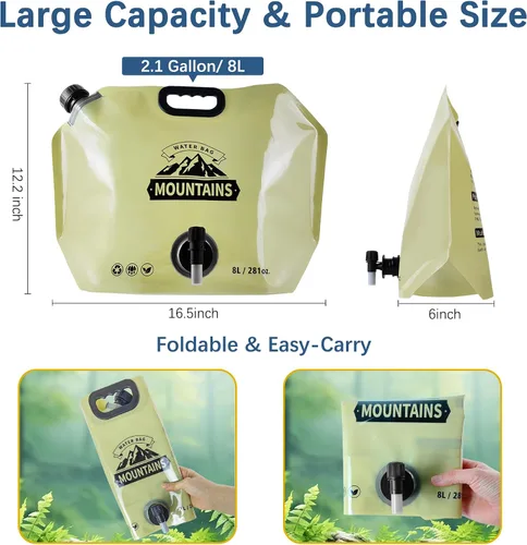 Miniatura 2 de Jarra de agua plegable de 2.1 galones con espita, bolsa de agua portátil sin BPA, bolsas de agua plegables para senderismo al aire libre, viajes