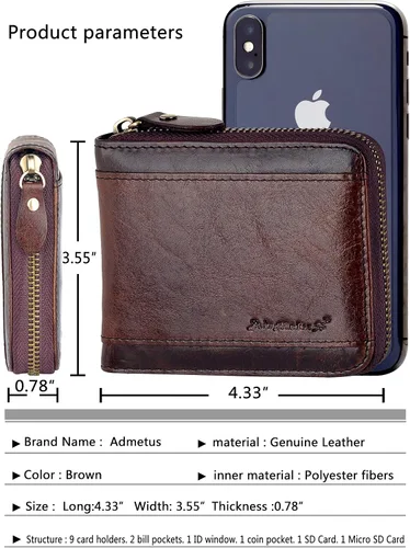 Miniatura 5 de Admetus Billeteras con bloqueo RFID para hombre, billetera de cuero con cremallera para hombres con tarjetero RFID plegable