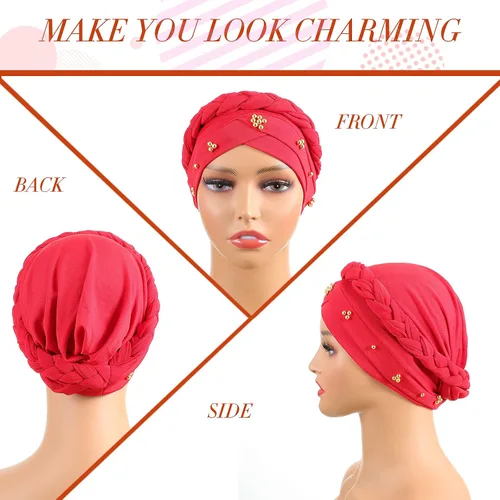 Miniatura 2 de 6 Pieces Women African Turban Head Wraps Caps Twisted Braid Beaded Elastic Wrap Cap