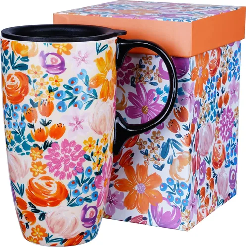 Topadorn Taza de viaje de cerámica de 17 oz con tapa deslizante resistente a salpicaduras y asa, gran taza de café de cerámica para hombres y flores