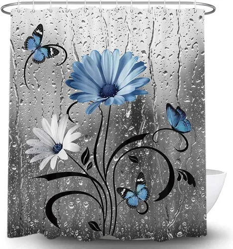 Miniatura 4 de Cortina de Ducha Rústica Azul Floral Boho, Cortinas de Flores de Margarita y Mariposa de Estilo Granja para Baño, Decoración de Baño Floral