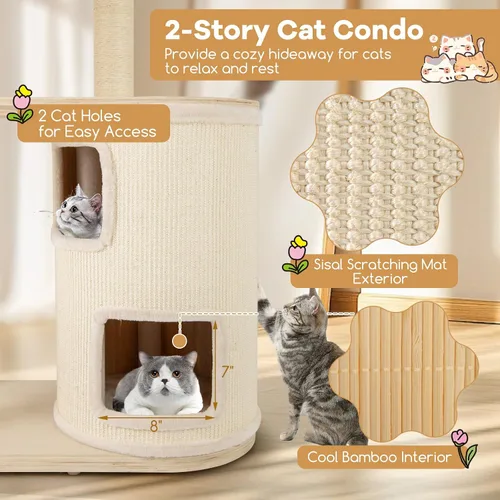 Miniatura 3 de Tangkula Torre de árbol para gatos, torre de madera moderna de varios niveles para gatos de 60 pulgadas con condominio de 2 pisos, postes rascadores