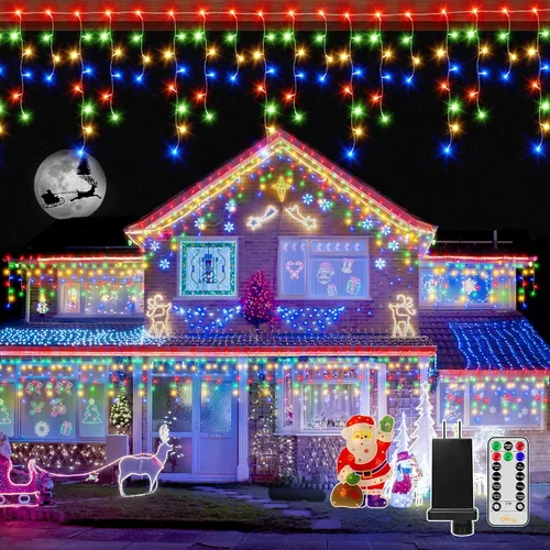 Miniatura 10 de Ollny Luces de Carámbano para Exteriores Blanco Frío, 600LED 49FT Luces de Navidad con Control Remoto 8 Modos Regulables, Impermeable Conectable