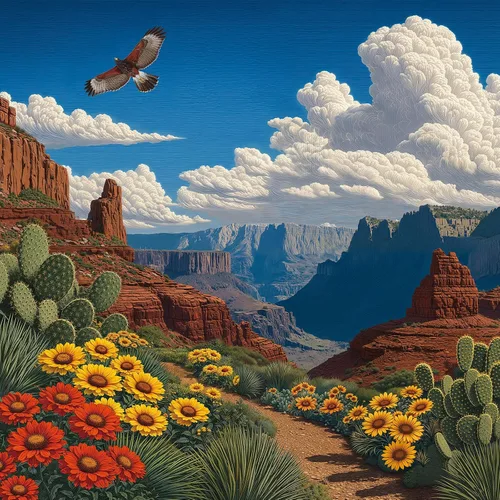 1000 Piece Jigsaw Puzzle for Adults, Vintage Arizona Desert Canyon Landscape with Blooming Wildflowers, Color-Coded Back, Arizona Canyon in Bloom,