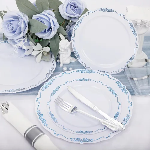 Miniatura 5 de DaYammi 350 piezas de platos de plástico azules y blancos desechables para fiestas, incluyen 50 platos de cena, 50 platos de postre, 50 servilletas