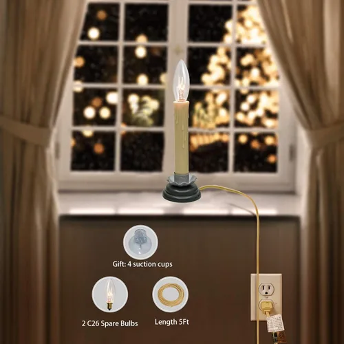 Miniatura 5 de Velas eléctricas de ventana de 7 pulgadas, lámpara de vela de ventana de Navidad con base de hierro de ciruela negra y bombilla de 7 W, luces
