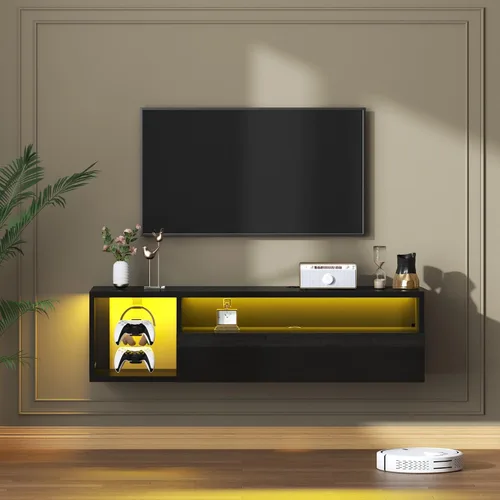 Miniatura 4 de DlandHome Soporte flotante para TV con luz LED, consola multimedia de 39.3 pulgadas, estante flotante para debajo del televisor con estante