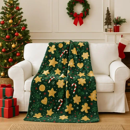 Miniatura 24 de Manta de Forro Polar para las Fiestas Navideñas: Corona Tradicional de Decoración del Hogar con Saludos Cheers Merry Peace Joy sobre Fondo Beige